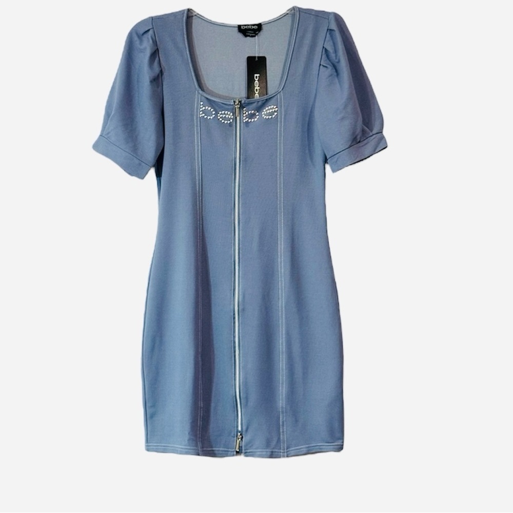 bebe Dress Front Zip Scoop Neck Short Sleeve Bodycon Knit Blue Size Small NWT